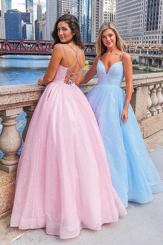 Spaghetti Straps A-Line V-neck Floor-length Pink Tulle Long Prom Dress