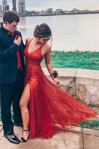 Funkelndes, rückenfreies A-Linien-Abendkleid in Rot mit V-Ausschnitt und Schlitz