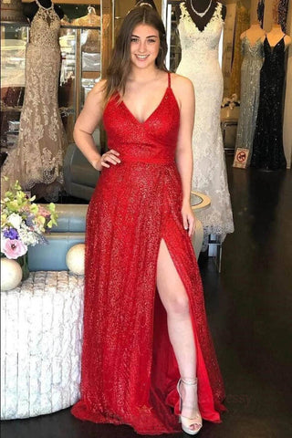 Funkelndes, rückenfreies A-Linien-Abendkleid in Rot mit V-Ausschnitt und Schlitz