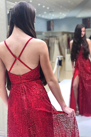 Funkelndes, rückenfreies A-Linien-Abendkleid in Rot mit V-Ausschnitt und Schlitz