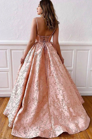 Satin Ball Gown V-neck Straps Cross Back Blush Pink Long Prom Dresses
