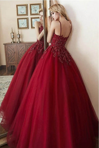 Elegant Tulle Straps Ball Gown Beaded Burgundy Long Prom Dress