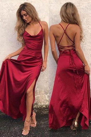 A-Linie Spaghettiträger Bodenlanges rotes Ballkleid mit Schlitz