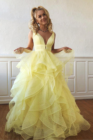 Tulle V-neck Yellow Prom Dresses A-line Long Party Dresses with Ruffles