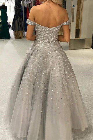 Gorgeous Ball Gown Off the Shoulder Open Back Grey Long Prom Dresses with Beaded,Evening Dresses