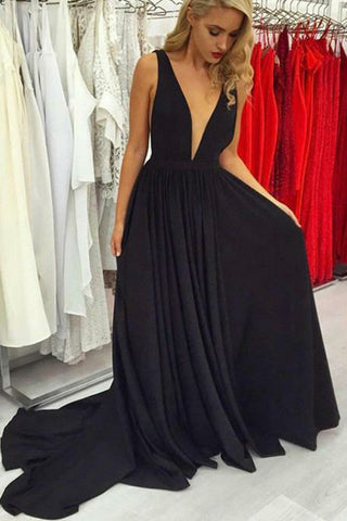 A-Linie, tiefer V-Ausschnitt, offener Rücken, langes Ballkleid aus schwarzem Satin mit Trägern, elegante Abendkleider
