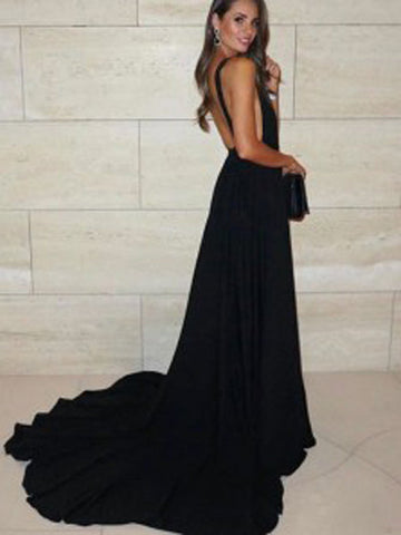 A-Linie, tiefer V-Ausschnitt, offener Rücken, langes Ballkleid aus schwarzem Satin mit Trägern, elegante Abendkleider