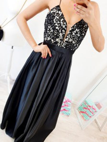 Cute V-neck Spaghetti Straps Cross Back Black Long Prom Dresses with Lace,Party Dresses