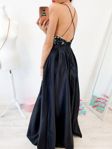 Cute V-neck Spaghetti Straps Cross Back Black Long Prom Dresses with Lace,Party Dresses