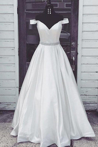 Satin Off the Shoulder Lange Ballkleider mit Perlenbesatz Elfenbein Partykleider
