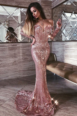 Mermaid Off the Shoulder Long Sleeves Blush Sequins Long Prom Dresses,Simple Evening Dresses