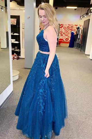 Two Pieces Blue Appliqued Evening Dress Spaghetti Straps Prom Dress