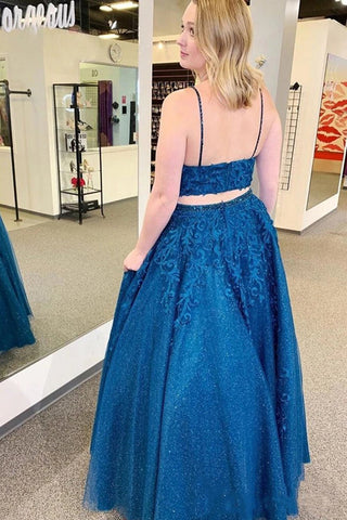 Two Pieces Blue Appliqued Evening Dress Spaghetti Straps Prom Dress