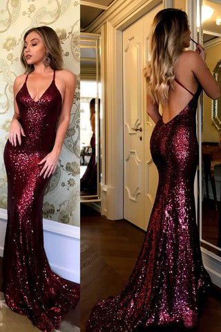 Sequins Spaghetti Straps V-neck Burgundy Mermaid Prom Dresses
