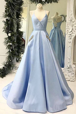 Simple V-neck Sky Blue A-line Satin Long Prom Dresses with Pocket