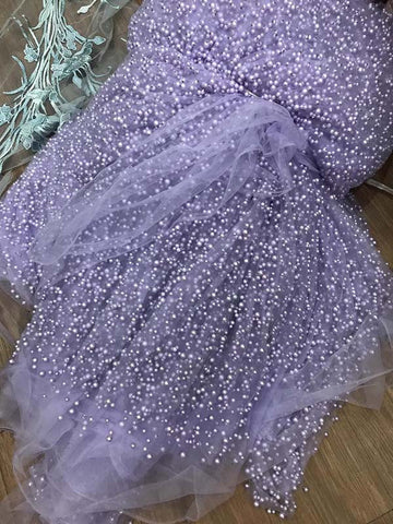 Lavender Modest Tulle Pearl Spaghetti Straps Long Prom Dress with Slit