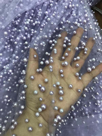 Lavender Modest Tulle Pearl Spaghetti Straps Long Prom Dress with Slit