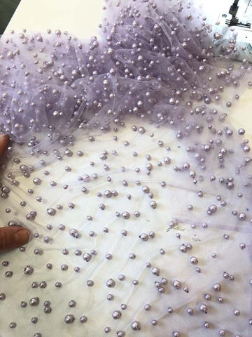 Lavender Modest Tulle Pearl Spaghetti Straps Long Prom Dress with Slit