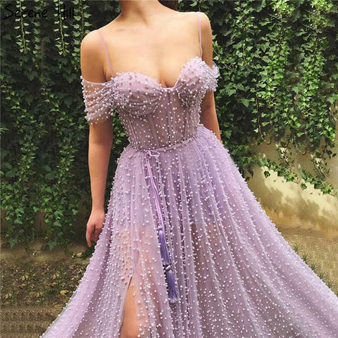 Lavender Modest Tulle Pearl Spaghetti Straps Long Prom Dress with Slit