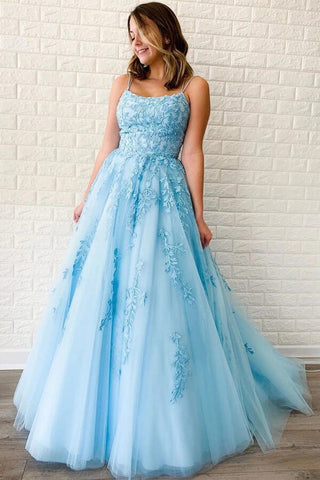 Yellow Tulle Spaghetti Straps Scoop A-Line Prom Dresses with Appliques