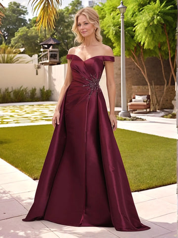 Off Shoulder Beaded Waist Satin A-line Mother of the Bride Dress with Slit