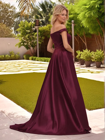 Off Shoulder Beaded Waist Satin A-line Mother of the Bride Dress with Slit