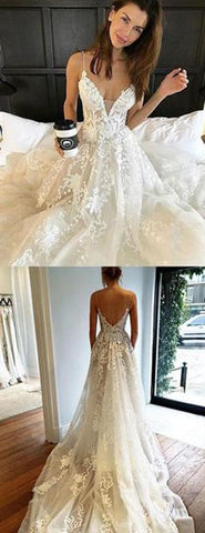 Ivory/White Sweetheart Spaghetti Straps Beach Wedding Dresse with Sweep Train