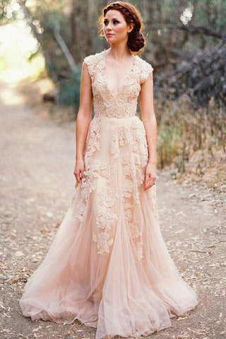 Gorgeous Tulle V-neck Sleeveless Floor-Length Lace Wedding Dresss with Appliques,