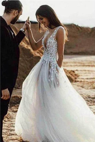 Sexy Tulle See-Through A-line V Neck Beach Wedding Dresses with Slit