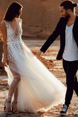 Sexy Tulle See-Through A-line V Neck Beach Wedding Dresses with Slit