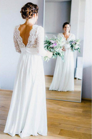 Elegant See Through 3/4 Sleeve Backless Lace and Chiffon Rustic Wedding Dress