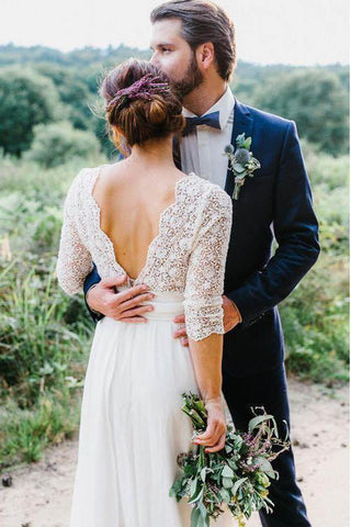 Elegant See Through 3/4 Sleeve Backless Lace and Chiffon Rustic Wedding Dress