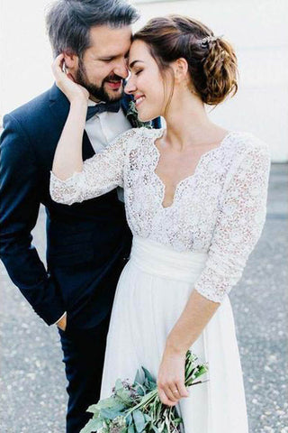 Elegant See Through 3/4 Sleeve Backless Lace and Chiffon Rustic Wedding Dress