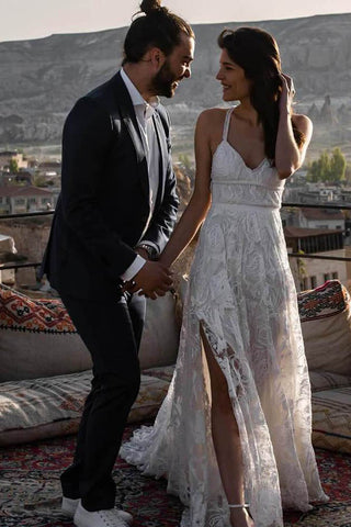 Charming Ivory Boho Lace Bohemian Long Beach Wedding Dresses Bridal Dress