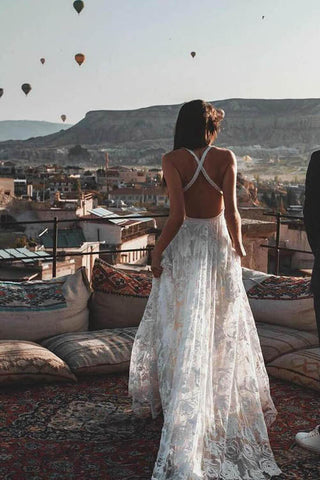 Charming Ivory Boho Lace Bohemian Long Beach Wedding Dresses Bridal Dress