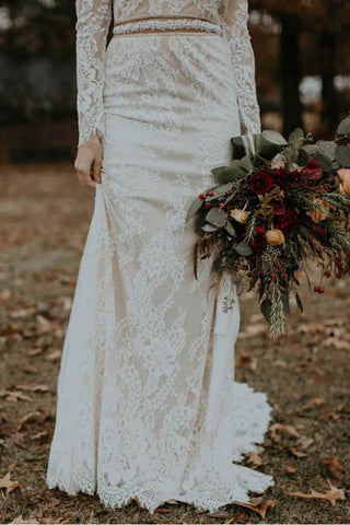 Elegant Vintage Ivory Backless Long Sleeve Rustic Lace Wedding Dresses