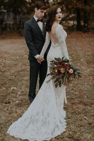 Elegant Vintage Ivory Backless Long Sleeve Rustic Lace Wedding Dresses