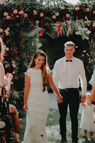 Lace Boho Mermaid Backless Cap Sleeve Bohemian Wedding Dresses