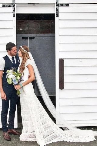 Lace Boho Mermaid Backless Cap Sleeve Bohemian Wedding Dresses