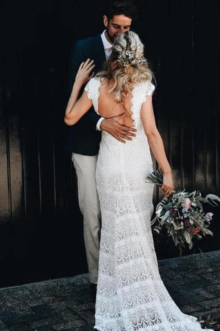 Lace Boho Mermaid Backless Cap Sleeve Bohemian Wedding Dresses