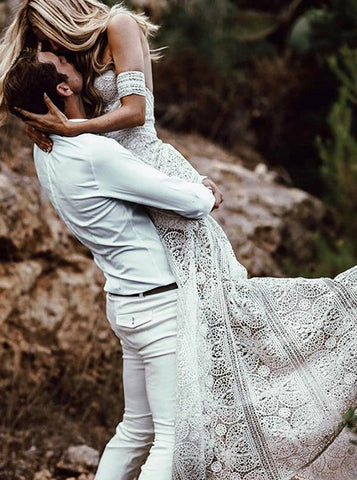 Sweetheart Neck Lace Beach Ivory Rustic Boho Wedding Dresses