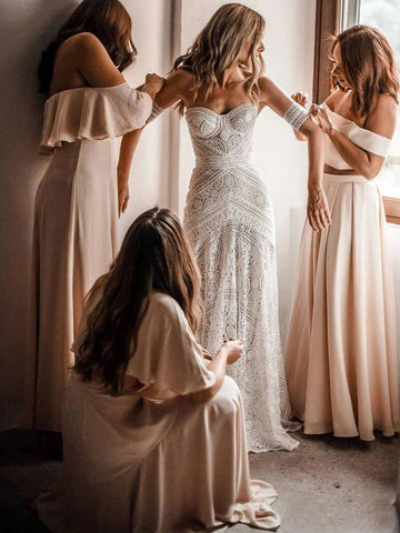 Sweetheart Neck Lace Beach Ivory Rustic Boho Wedding Dresses