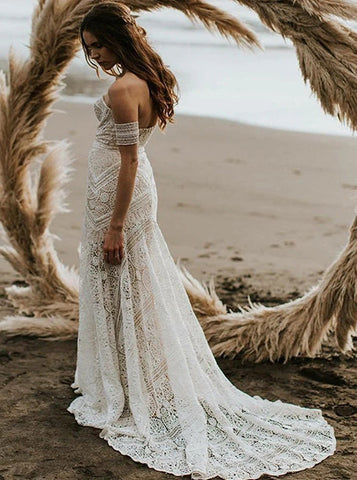 Sweetheart Neck Lace Beach Ivory Rustic Boho Wedding Dresses