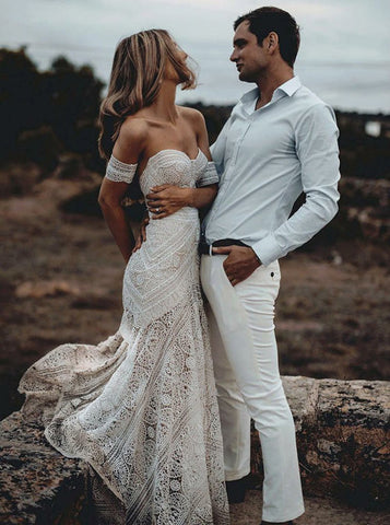 Sweetheart Neck Lace Beach Ivory Rustic Boho Wedding Dresses