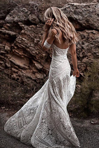 Sweetheart Neck Lace Beach Ivory Rustic Boho Wedding Dresses