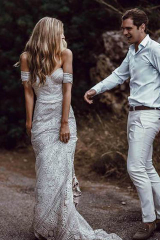 Sweetheart Neck Lace Beach Ivory Rustic Boho Wedding Dresses