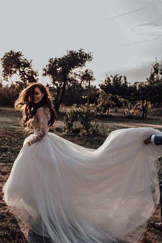 Long Sleeve Boho See Through Wedding Dresses Lace Applique