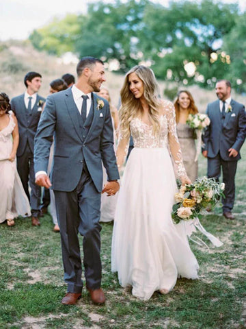 Through Beaded Floral Lace Long Sleeve Boho Wedding Dresses