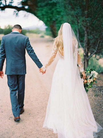 Through Beaded Floral Lace Long Sleeve Boho Wedding Dresses