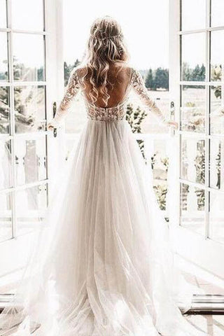 Through Beaded Floral Lace Long Sleeve Boho Wedding Dresses